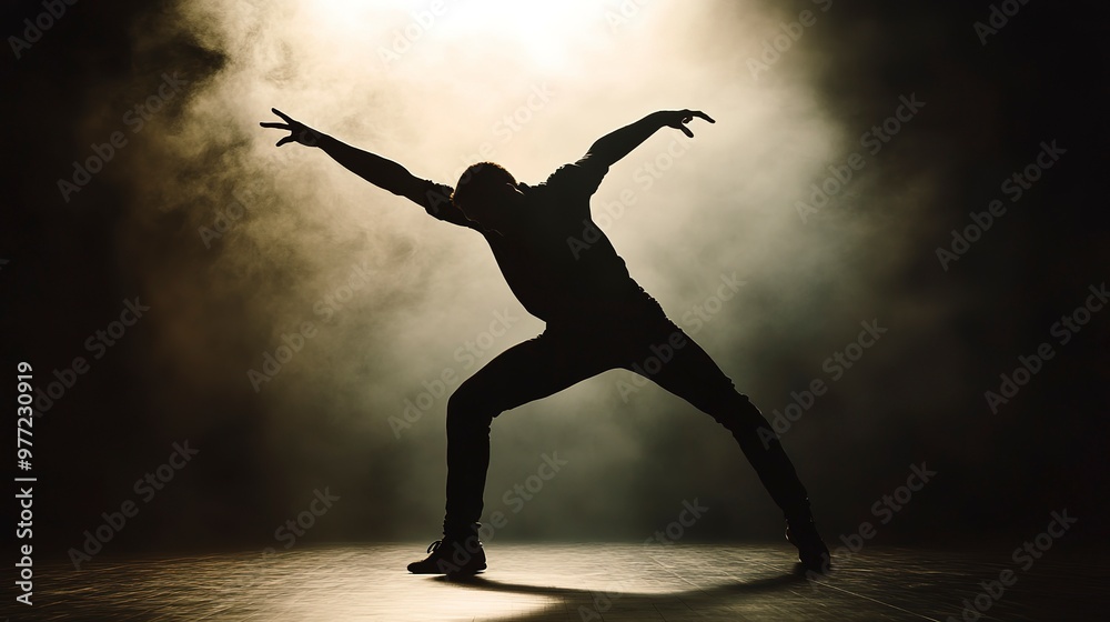 Silhouette of a street dancer in expressive pose with high-key lighting Silhouette of a street dancer in expressive pose with high-key lighting