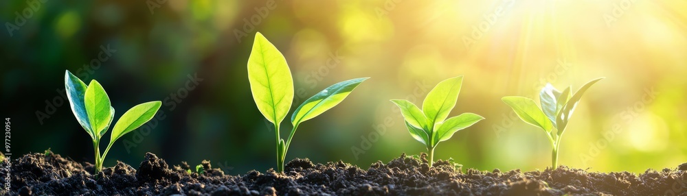 Fresh green seedlings sprouting in rich soil, illuminated by warm sunlight, symbolizing growth and renewal in nature. Fresh green seedlings sprouting in rich soil, illuminated by warm sunlight, symbolizing growth and renewal in nature.