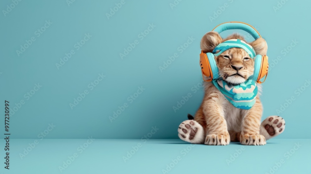 Playful lion cub in bandana and headphones grooves to hip-hop music. Playful lion cub in bandana and headphones grooves to hip-hop music.