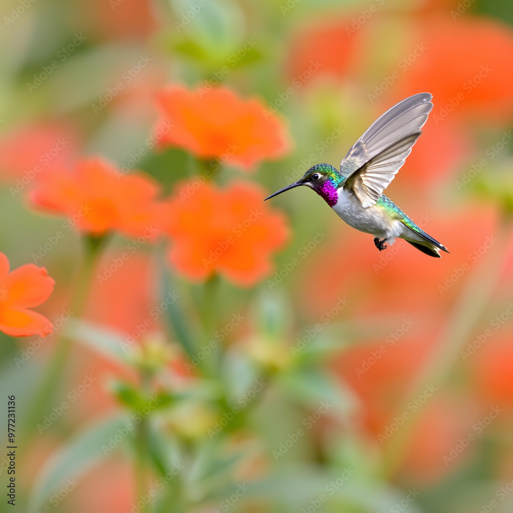 Hummingbird hovering near vibrant orange flowers in a sunny garden Hummingbird hovering near vibrant orange flowers in a sunny garden