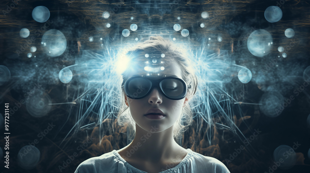Frauenkopf mit Brille in visualisierten Gedanken-Blitzen und blauen Lichteffekten. Konzept: Kreatives Gedankenchaos. Illustration Frauenkopf mit Brille in visualisierten Gedanken-Blitzen und blauen Lichteffekten. Konzept: Kreatives Gedankenchaos. Illustration