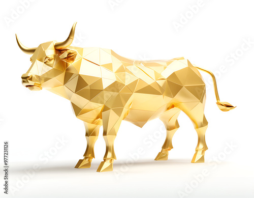 Golden Bull Statue on White Background