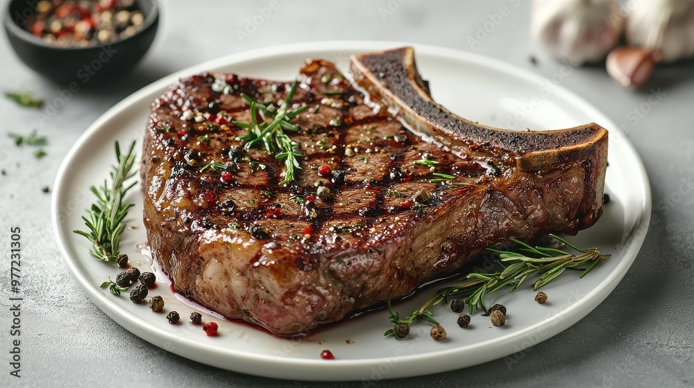 T Bone Steak with Herbs and Spices on Grey Background T Bone Steak with Herbs and Spices on Grey Background