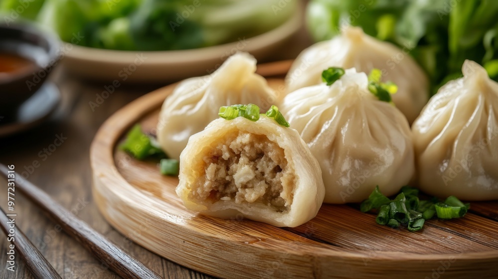 A close-up of freshly steamed with a soft, fluffy texture and a bite taken out to reveal the delicious filling, placed on a wooden serving board. A close-up of freshly steamed with a soft, fluffy texture and a bite taken out to reveal the delicious filling, placed on a wooden serving board.
