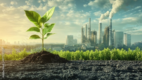 A seedling thriving in the foreground, juxtaposed against a smoky industrial skyline, symbolizing hope for a greener future. photo