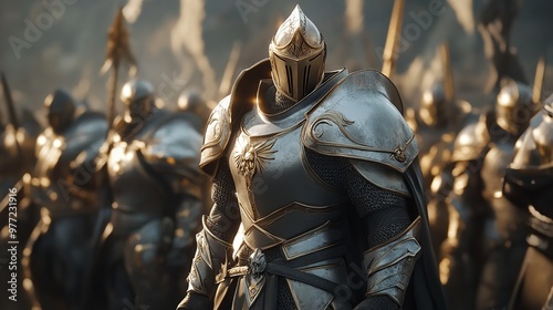 Medieval knight in shining armor holding a banner of victory, castle ruins behind