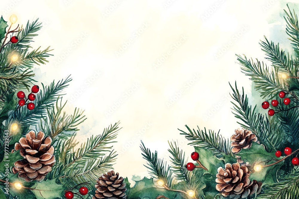 Fototapeta premium A cozy Christmas background featuring pine branches, cones, and festive berries, perfect for holiday-themed designs and cards.