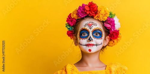 A young girl with her face painted like a Catrina, wearing a colorful flower wreath on her head, isolated against a yellow background