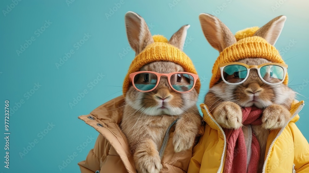 Trendy rabbits taking a selfie, ideal for social media ads or banners. Trendy rabbits taking a selfie, ideal for social media ads or banners.