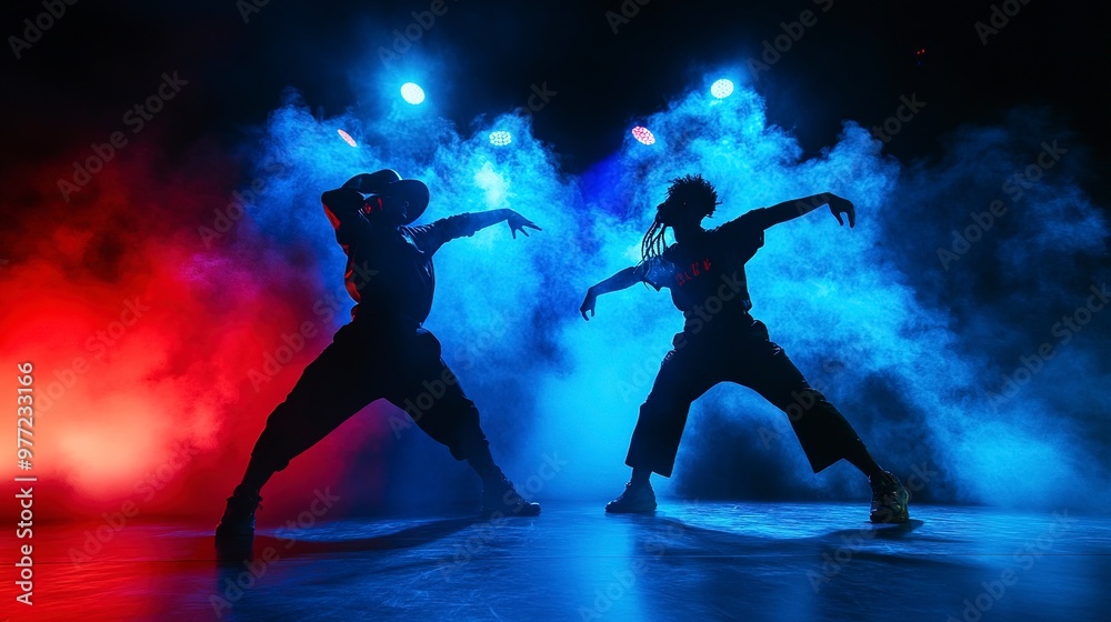 Two dancers perform a dynamic hip-hop routine on a stage with dramatic lighting and smoke effects. The intense blue and red lights 