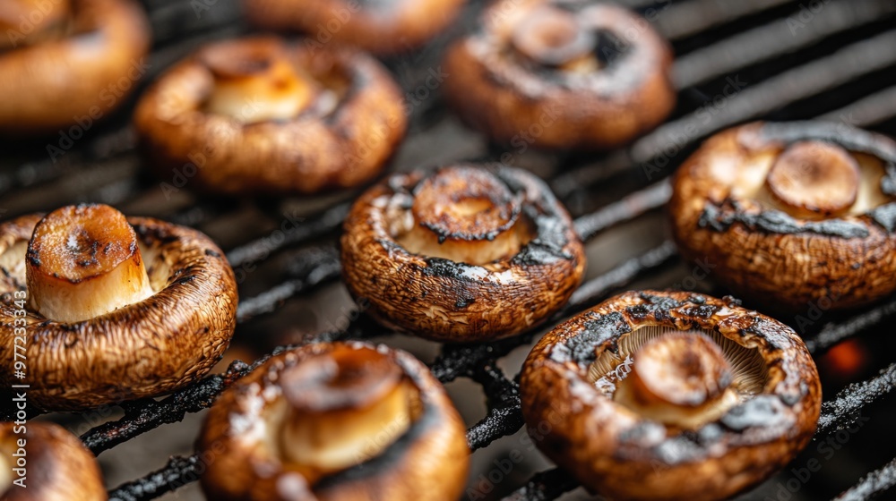 A close-up of mushrooms being grilled on a barbecue, with a focus on the caramelized texture and the grill marks, set against a clean, bright background. A close-up of mushrooms being grilled on a barbecue, with a focus on the caramelized texture and the grill marks, set against a clean, bright background.