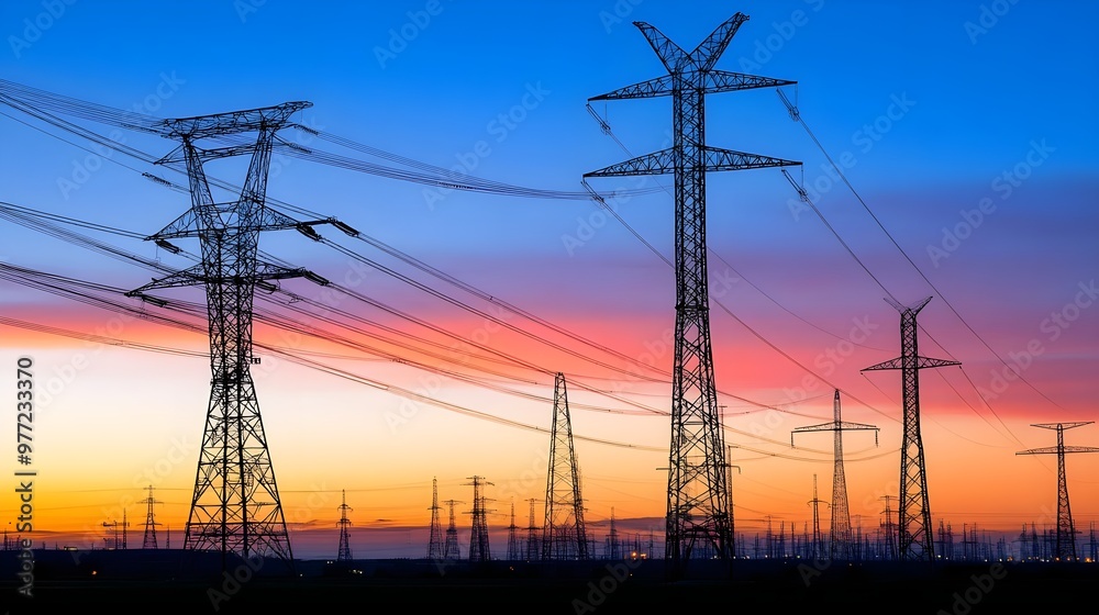 A stunning twilight scene featuring electric towers silhouetted against a colorful sunset, symbolizing energy and connectivity. A stunning twilight scene featuring electric towers silhouetted against a colorful sunset, symbolizing energy and connectivity.