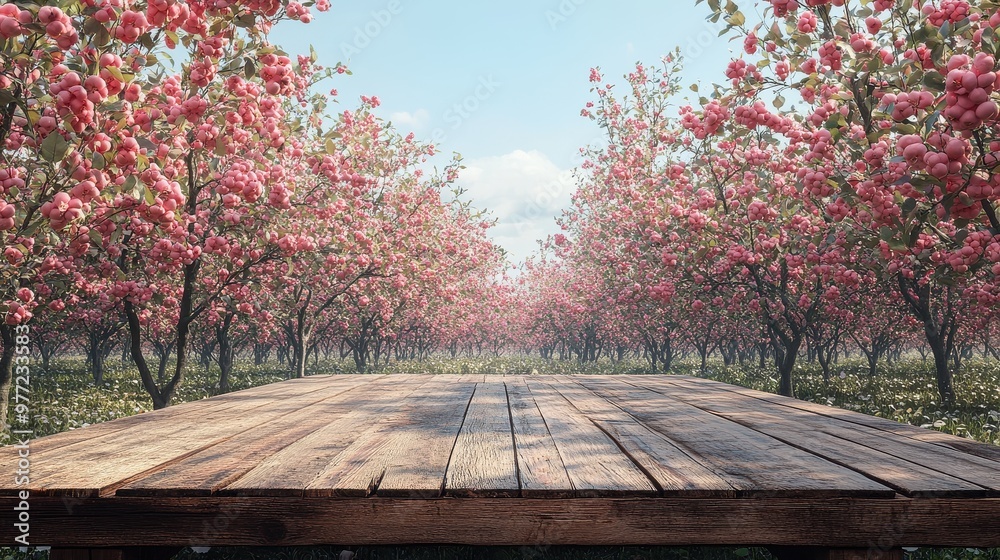 Wooden podium in an orchard, apple trees in full bloom, springtime Wooden podium in an orchard, apple trees in full bloom, springtime