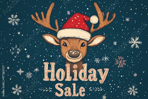 Charming holiday sale illustration featuring a smiling reindeer wearing a Santa hat surrounded by snowflakes and festive atmosphere. photo