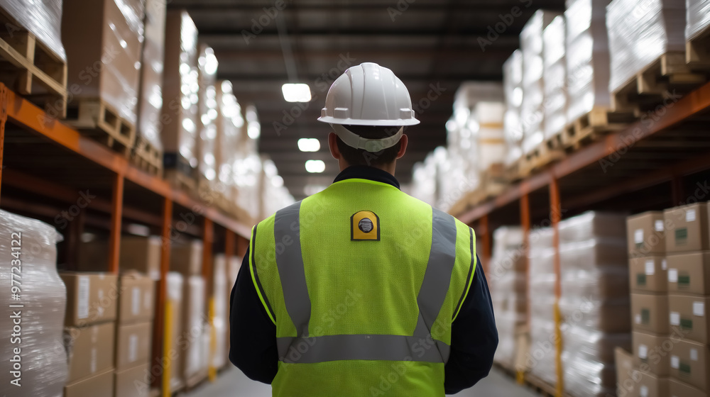 a warehouse worker wearing a neon green vest and a white helmet, standing in front of shelves filled with boxes a warehouse worker wearing a neon green vest and a white helmet, standing in front of shelves filled with boxes
