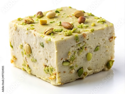 A solitary block of creamy pistachio halva, smooth and unblemished, resting on a crisp white background to highlight its vibrant green hue.