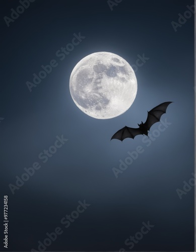 A silhouetted bat flies across the sky with a glowing full moon in the background. The night is cloudy, adding to the mysterious and spooky atmosphere, perfect for Halloween or horror-themed concepts.