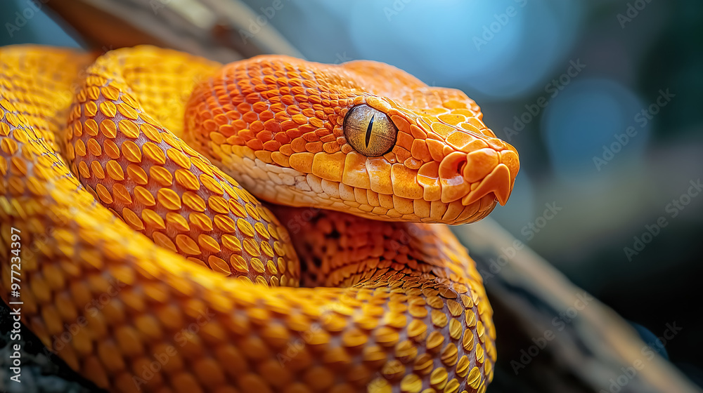 Fototapeta premium A stunning pit viper coiled on a tree branch, showcasing its bright orange and yellow scales in a high-detail nature shot