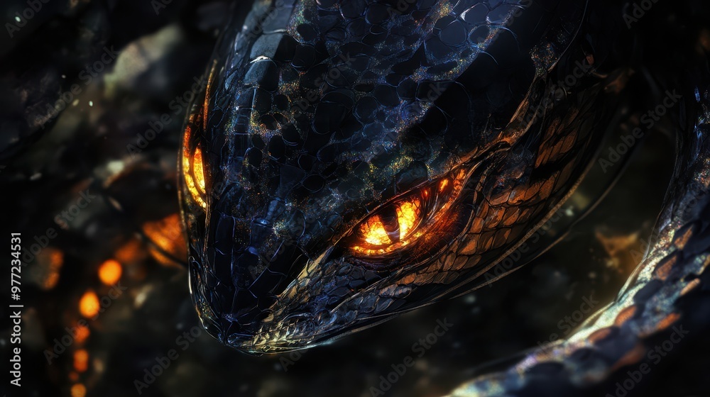 Close-up of a strange, alien-like animal with dark, shimmering scales, glowing eyes, and hidden patterns, surrounded by shadows. Close-up of a strange, alien-like animal with dark, shimmering scales, glowing eyes, and hidden patterns, surrounded by shadows.