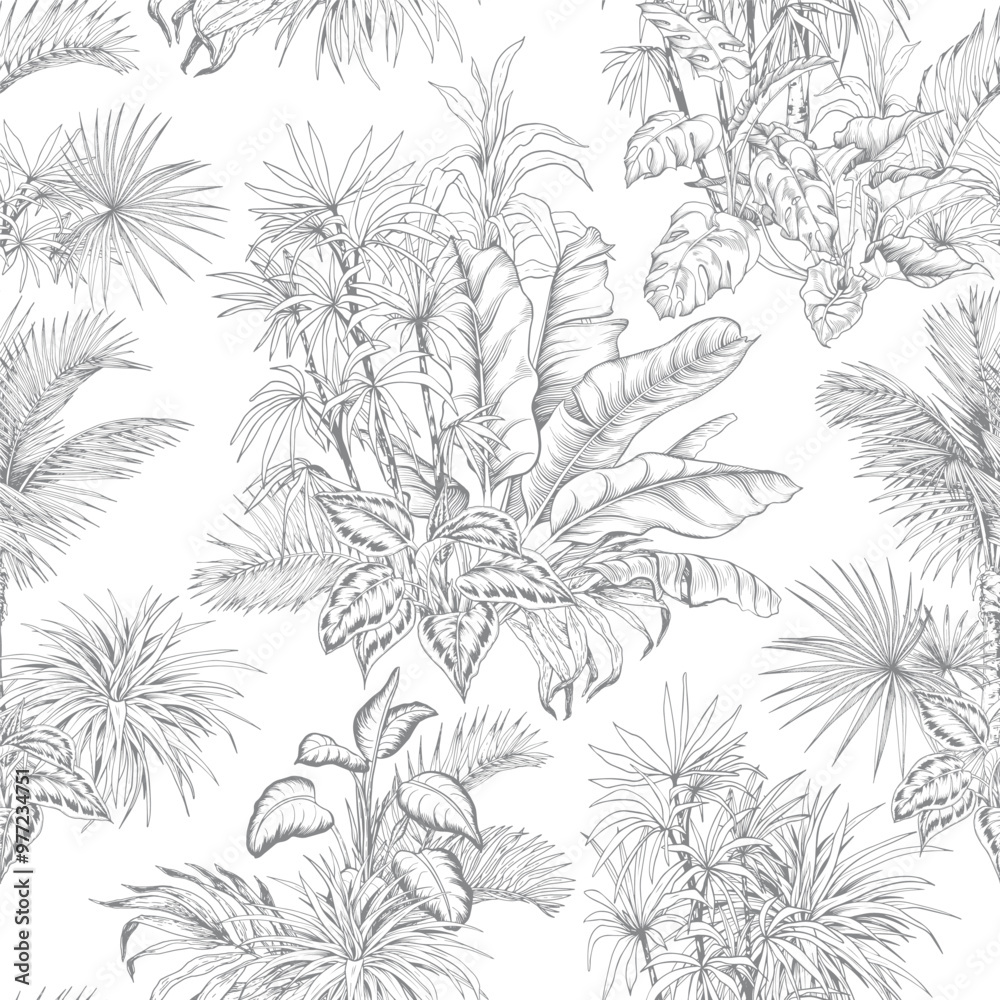 Fototapeta premium Seamless pattern with tropical leaves on white background. Hand drawn line art vector.