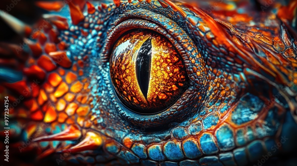 Fototapeta premium Striking animal with bright, glowing scales and sharp, radiant eyes, surrounded by bold, exotic patterns, close-up of intricate textures.
