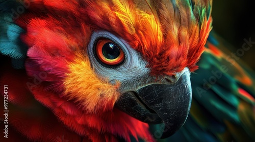 Exotic animal with multicolored feathers, radiant eyes, and glowing patterns, close-up view of bold textures and vibrant hues.