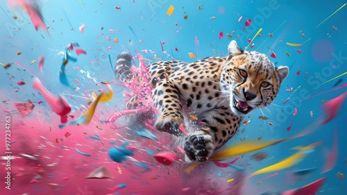 Powerful cheetah leaping through neon vortex with graphic lines.