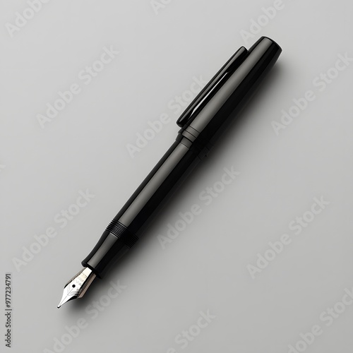 16. A sleek black fountain pen isolated on a smooth light gray background