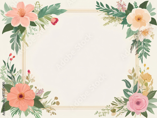 A blank wedding invitation adorned with a watercolor floral frame