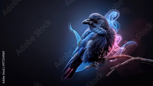 Sleek crow with neon feathers on a branch of swirling lines. photo