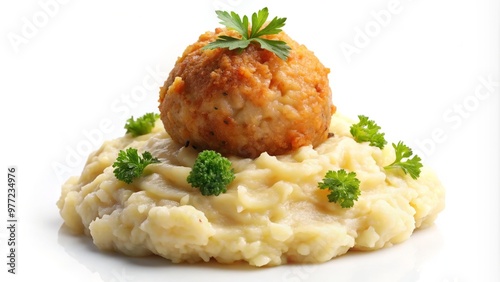 • A solitary fish ball perches atop a soft, fluffy mound of mashed potatoes, set against a pristine white backdrop, highlighting its juicy texture