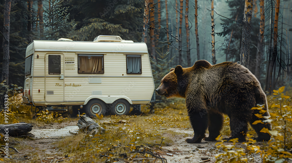 Big black brown bear animal in forest nature wilderness next to the ...