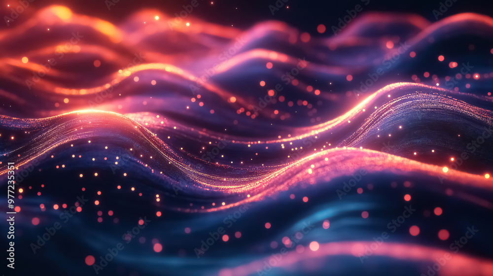 An abstract wavy background filled with glowing particles in a space-like atmosphere An abstract wavy background filled with glowing particles in a space-like atmosphere