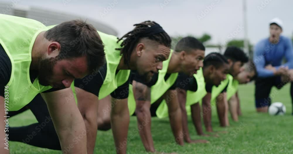 Sports, training and coach with men for push up, exercise and warm up for practice, match and game. Fitness, teamwork and trainer with soccer players workout for wellness, performance and cardio