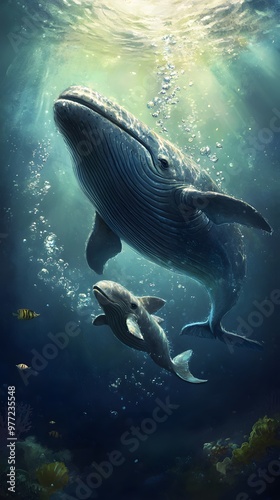 Mother Whale swimming with her puppy in crystal clear water, releasing air bubbles, giving photo, wallpaper, cover and smartphone screen, pc, laptop, format 9:16 and 16: 9 