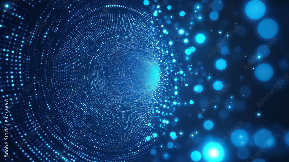 An abstract bright blue background with a pattern of flying circles made of glowing dots and magical digital energy particles An abstract bright blue background with a pattern of flying circles made of glowing dots and magical digital energy particles