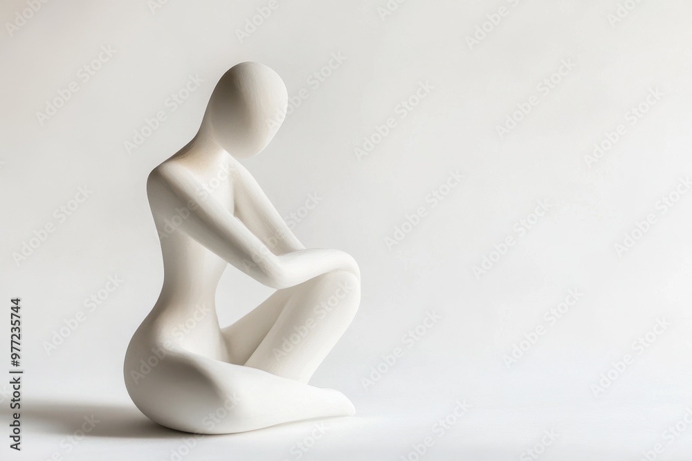 Embraced figure in calm pose, exuding self-acceptance and peace, stark white background, simple and powerful Embraced figure in calm pose, exuding self-acceptance and peace, stark white background, simple and powerful