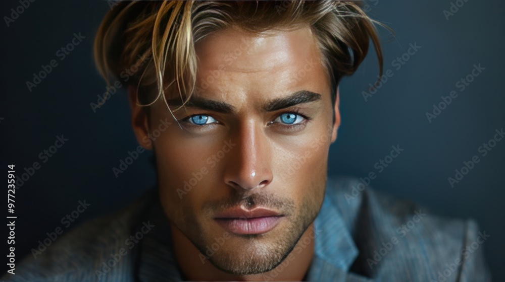 Close-up of a young man with striking blue eyes indoors