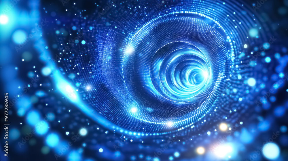 A glowing abstract blue background filled with flying circles made of bright dots and magical digital energy particles A glowing abstract blue background filled with flying circles made of bright dots and magical digital energy particles