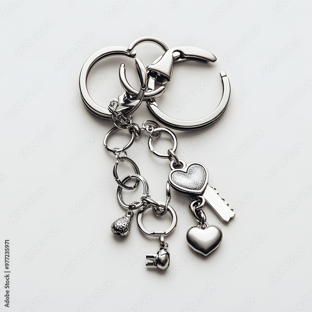 164. A shiny silver keychain with charms isolated on a simple white background 164. A shiny silver keychain with charms isolated on a simple white background