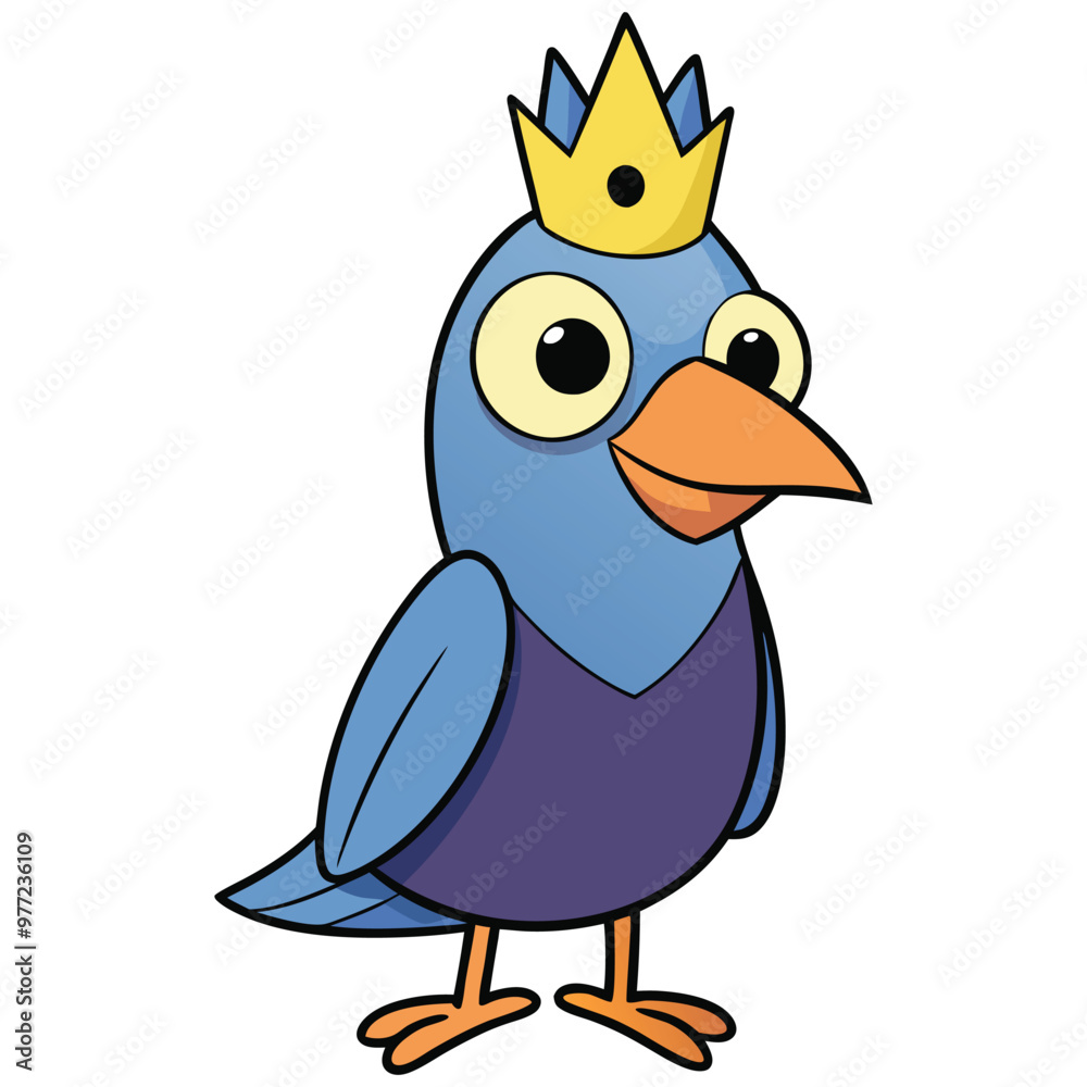 A cartoon drawing of a blue bird with a crown on it