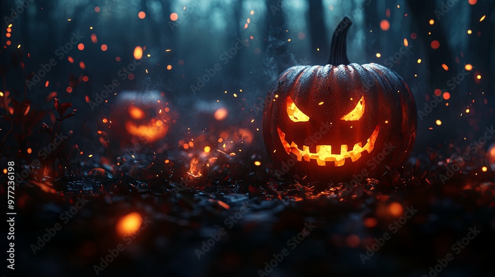A Glowing Jack-O-Lantern in a Dark, Smoky Forest A Glowing Jack-O-Lantern in a Dark, Smoky Forest
