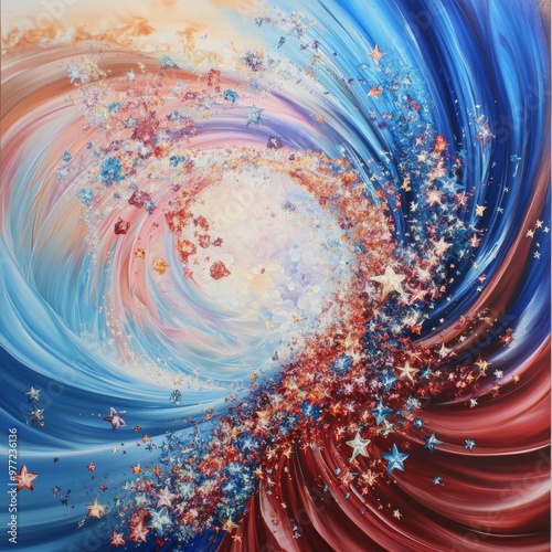 Abstract art showing swirling red and blue colors converging to form the shape of the United States photo