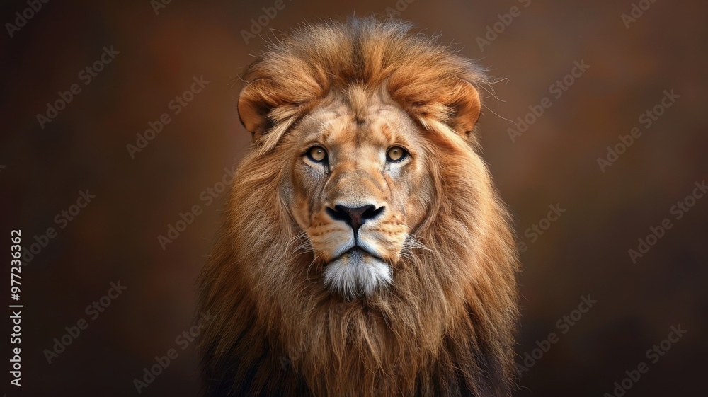 Close-up portrait of lion with luxurious mane and confident gaze. Close-up portrait of lion with luxurious mane and confident gaze.
