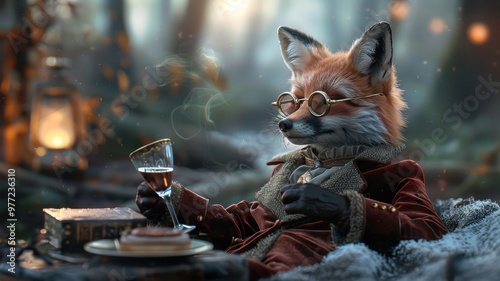 Playful fox in velvet smoking jacket sipping champagne.