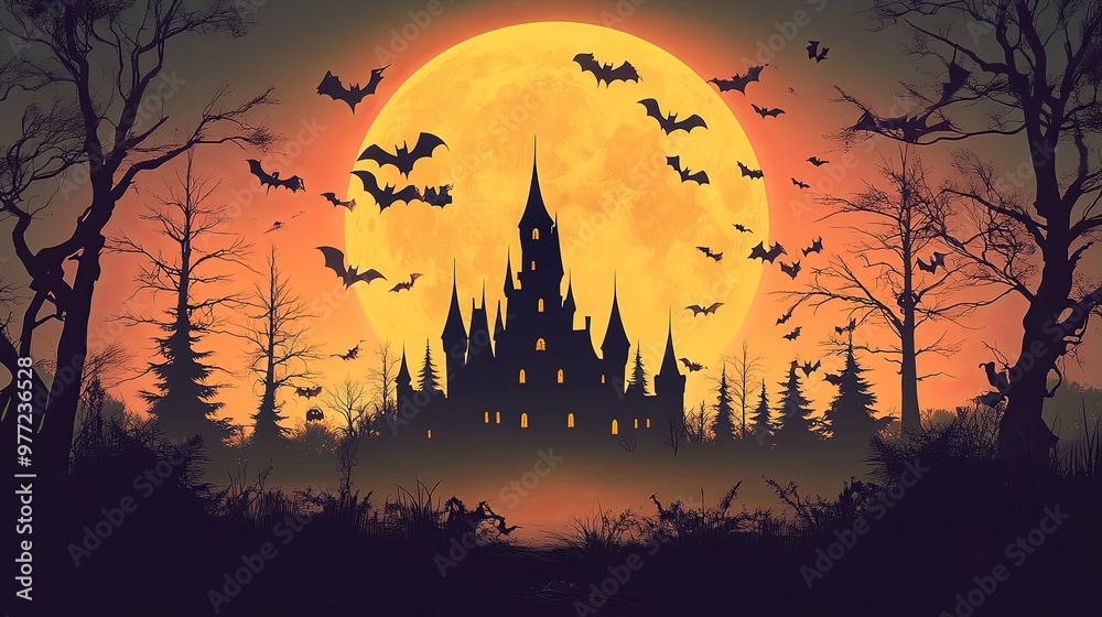 Haunted Castle Silhouetted Against a Full Moon and Bats Haunted Castle Silhouetted Against a Full Moon and Bats