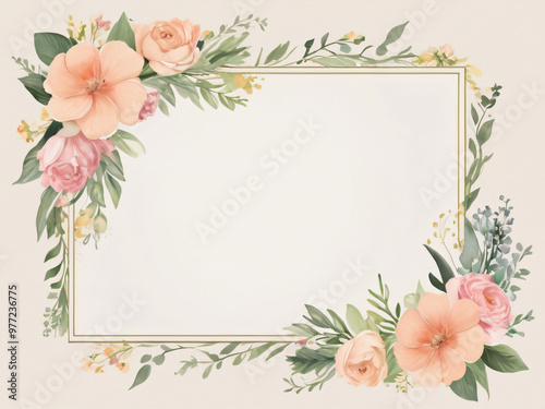 A blank wedding invitation adorned with a watercolor floral frame