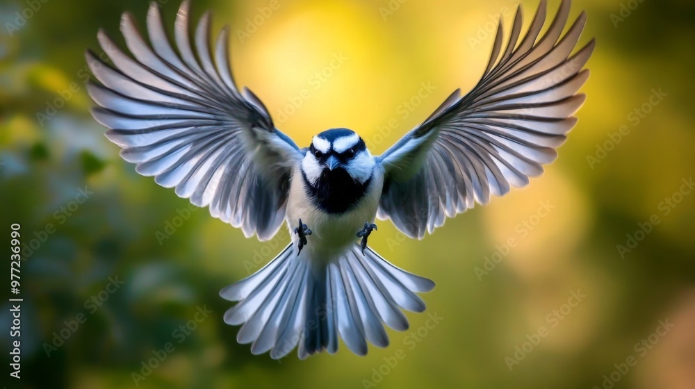 Naklejka premium A close-up shot of a bird in mid-flight, with its wings spread wide and feathers clearly visible, capturing the grace and power of the bird flight.
