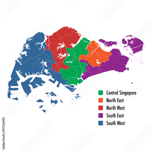 Editable vector map with the 5 districts of Singapore