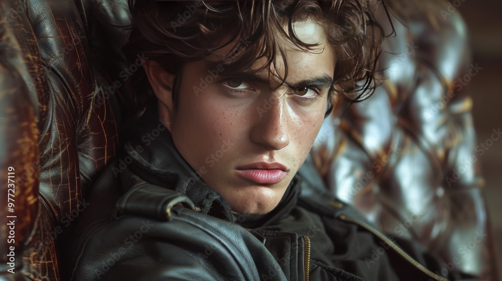 Young man in leather jacket poses confidently indoors Young man in leather jacket poses confidently indoors
